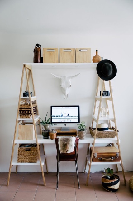 bureau, corne, bois, épuré, blanc, inspiration, décoration