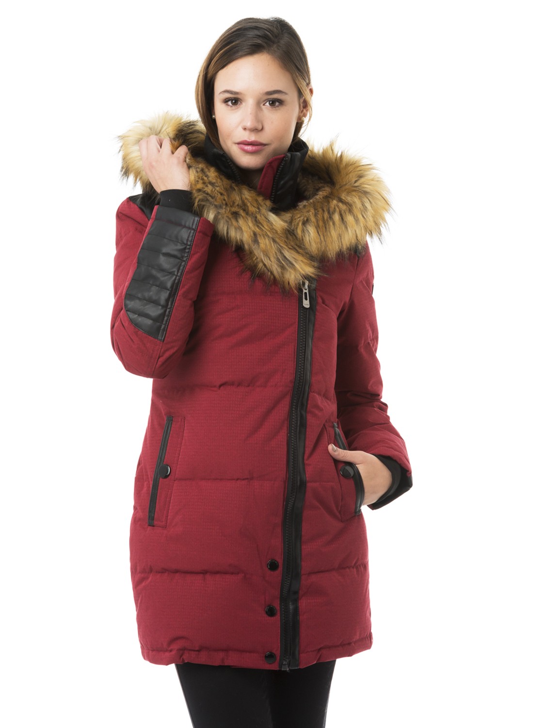 manteau d'hiver, mode hivernale, noize, rouge, fourrure, cuir synthétique