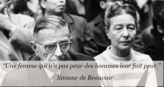 French philospher and writer (L-R) Jean-Paul Sartre (1905 - 1980) and feminist writer and philosopher Simone de Beauvoir (1908 - 1986) sit together at a public event, circa 1970s. (Photo by RDA/Archive France/Getty Images)