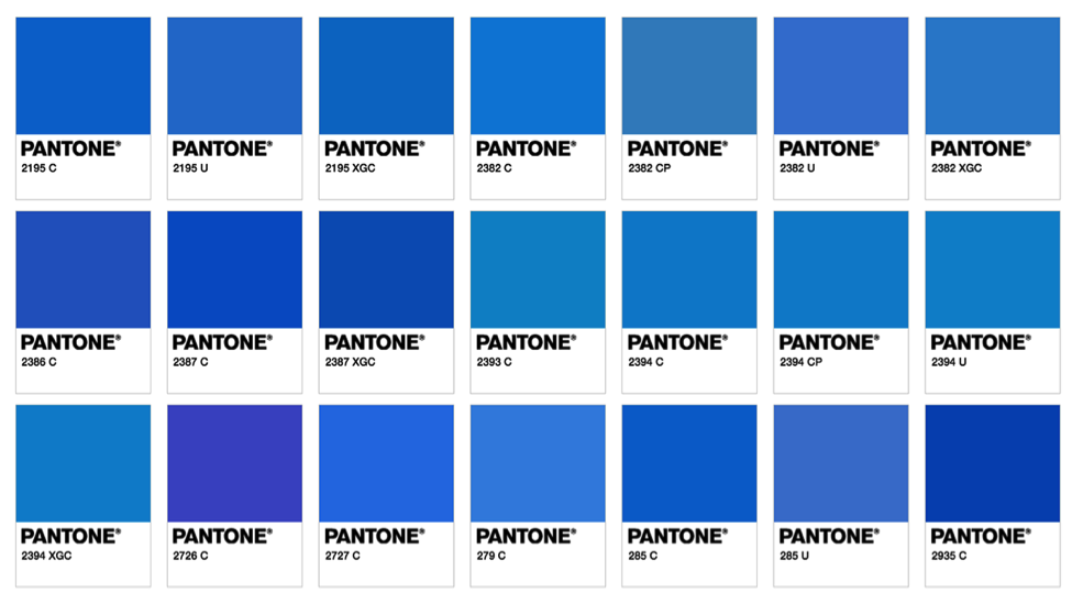 couleur pantone, bleu, différentes teintes