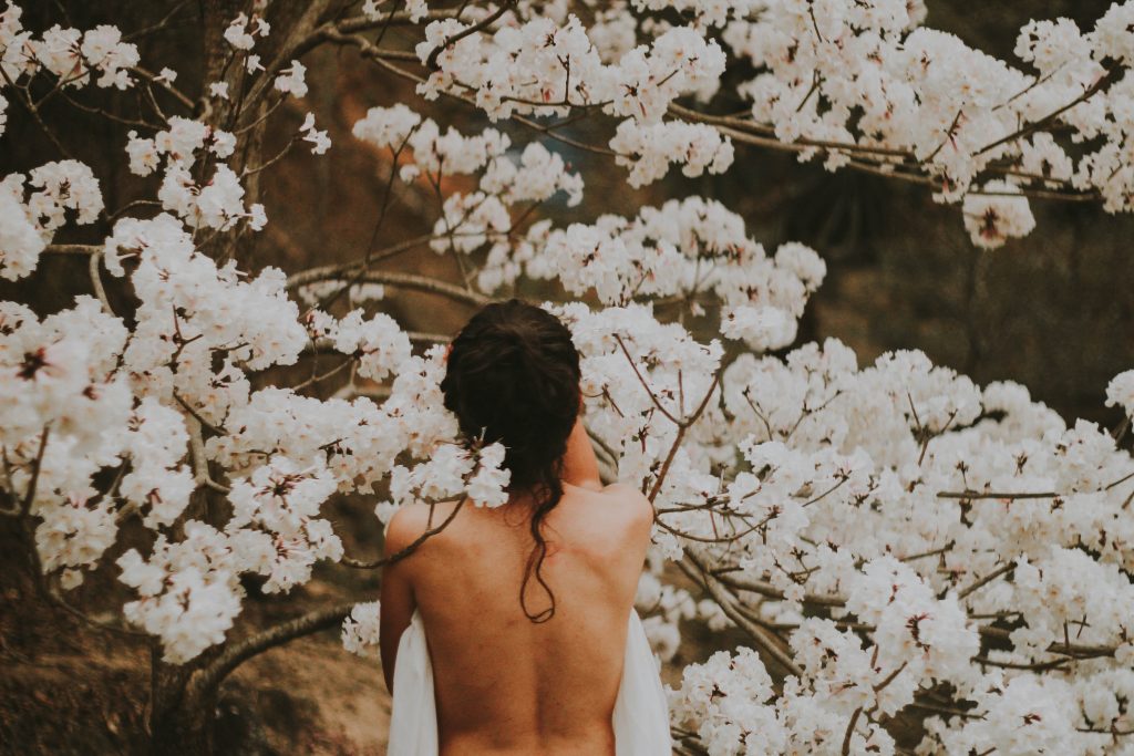 femme de dos, nue, devant arbre en fleurs