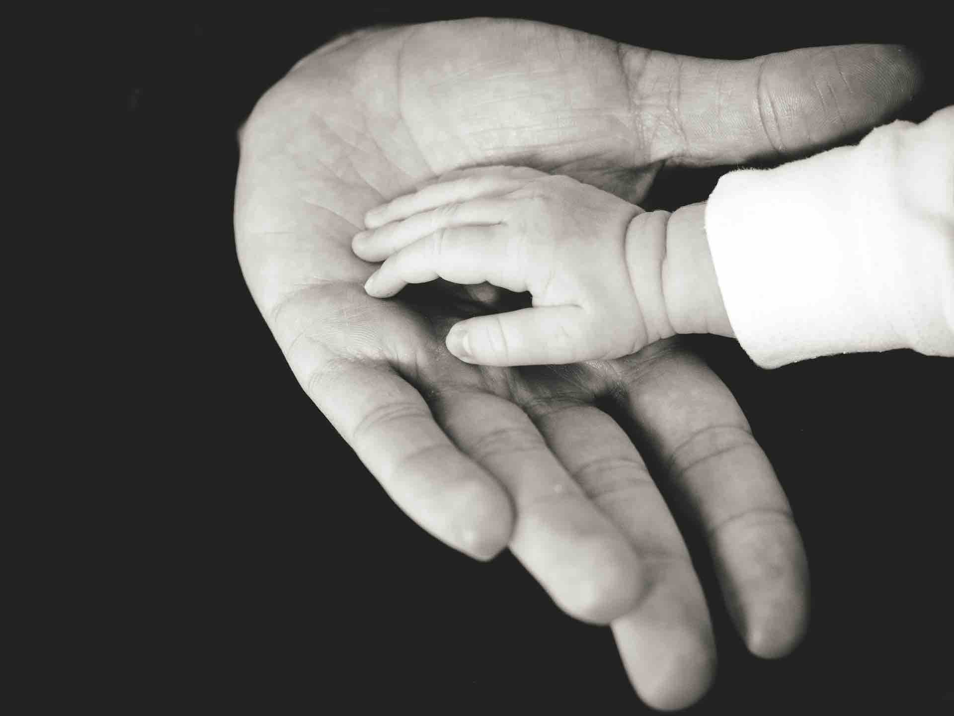 enfant bébé naissance main parent noir et blanc